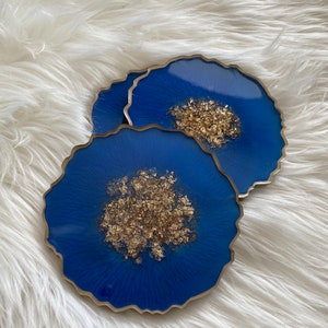 Sapphire Rich royal blue & Gold Leaf Agate Geode Style Beautiful Resin Coasters glitter bespoke