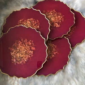 Rich red & Gold / silver Leaf Agate Geode Style Beautiful Resin Coasters glitter bespoke