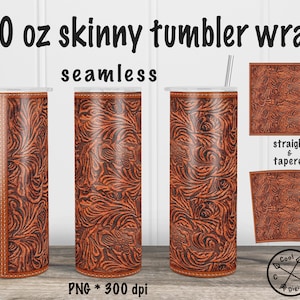Tooled Leather Tumbler PNG 20oz Skinny Western Tumbler Wrap, Seamless Tooled Leather Tumbler Wrap Sublimation Design PNG Digital Download
