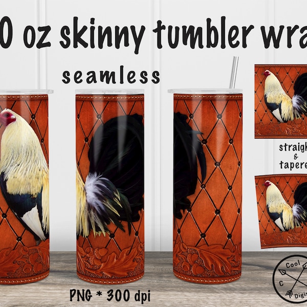 Tooled Leather Rooster Tumbler PNG 20oz Skinny Tumbler Wrap, Seamless Tooled Leather Tumbler Wrap Rooster Chicken PNG Digital Download