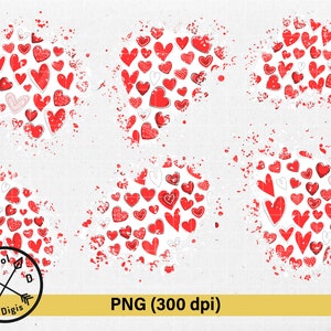 May include: Six digital illustrations of red hearts with white outlines, scattered in a circular pattern on a white background. The hearts are of various sizes and are slightly distressed, giving them a vintage look.