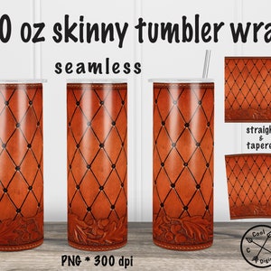 Tooled Leather Tumbler PNG 20oz Skinny Western Tumbler Wrap, Seamless Tooled Leather Tumbler Wrap Sublimation Design PNG Digital Download