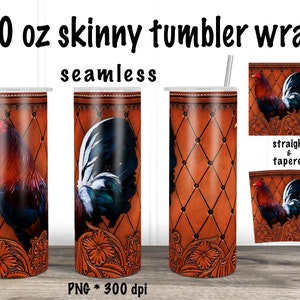 May include: A 20 ounce skinny tumbler wrap design featuring a rooster with brown, red, and blue feathers on a brown leather background with a diamond pattern. The design is seamless and includes a straight and tapered version. The design is 300 dpi and in PNG format.