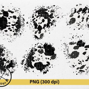 May include: A digital graphic featuring six abstract black and white splotches with a cowhide pattern. The image includes the text "PNG (300 dpi)" and a logo with the text "C Digis". The splotches are irregularly shaped and vary in size.