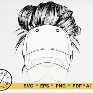 Clipart de béisbol, Mamá de béisbol SVG, Gorra de béisbol SVG Moño desordenado PNG Descarga digital, Clip Art de béisbol, Clipart de deportes