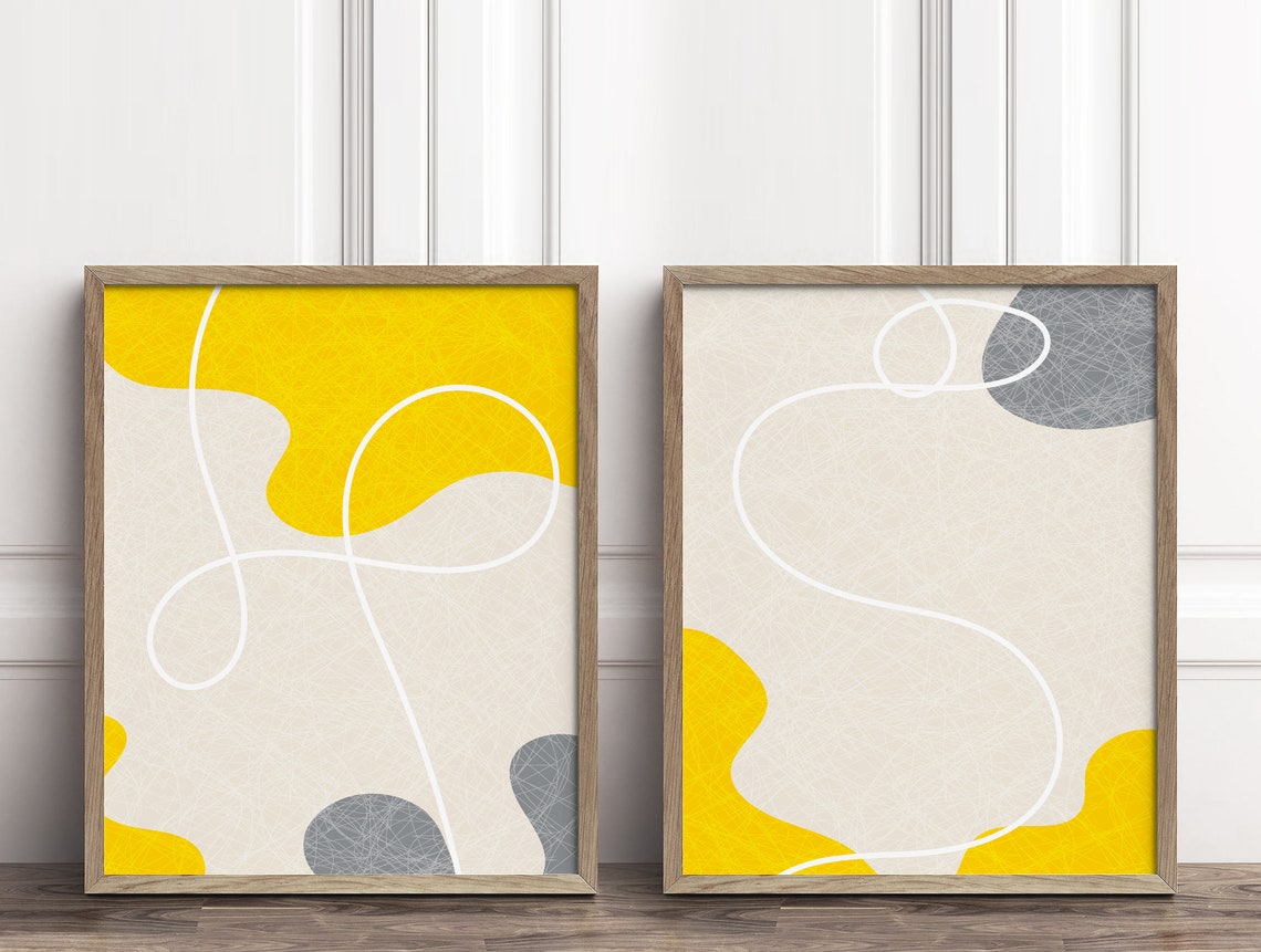 Yellow Gray Wall Art Modern Abstract Line Art Digital Etsy