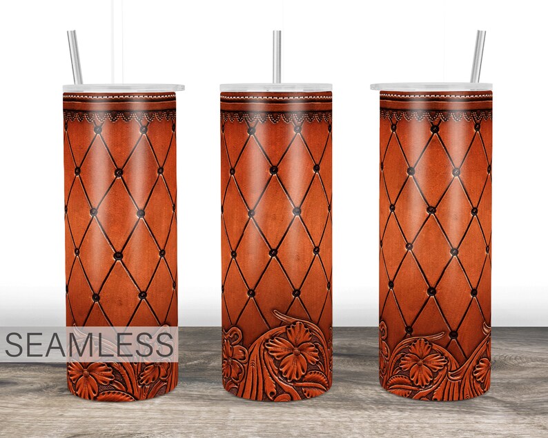 Tooled Leather Tumbler PNG 20oz Skinny Western Tumbler Wrap, Seamless ...