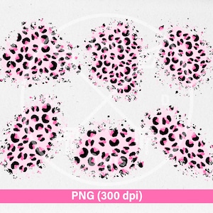 May include: Six pink and black leopard print splatter designs. The splatter designs are on a white background.
