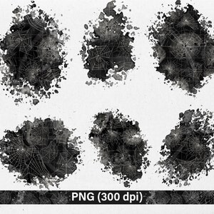 May include: Six black and white watercolor splatter designs featuring spiderwebs. The splatter designs are isolated on a white background.