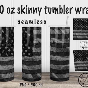 May include: Three 20 ounce skinny tumbler wraps with a distressed American flag design. The wraps are seamless and come in straight and tapered styles. The image includes the text "20 oz skinny tumbler wrap", "seamless", "PNG * 300 dpi", "straight & tapered", and "Cool Digis".