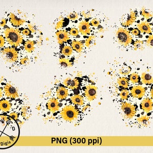 Può includere: Sei motivi di carta digitale con girasoli gialli con centri neri su uno sfondo bianco con schizzi neri. I motivi hanno la forma di un cerchio.