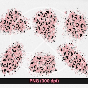 May include: Six pink and black leopard print glitter splatters on a white background.