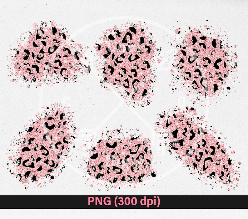 Puede incluir: Seis salpicaduras de purpurina rosa y negra con estampado de leopardo sobre un fondo blanco.