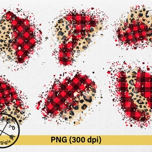 Puede incluir: Seis gráficos digitales con patrones de cuadros rojos y negros de búfalo y estampados de leopardo sobre un fondo blanco. Los patrones están salpicados de pintura roja, negra y blanca.