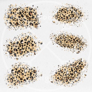 May include: Six abstract watercolour spots in a leopard print pattern. The spots are in shades of brown, tan, and black on a white background.