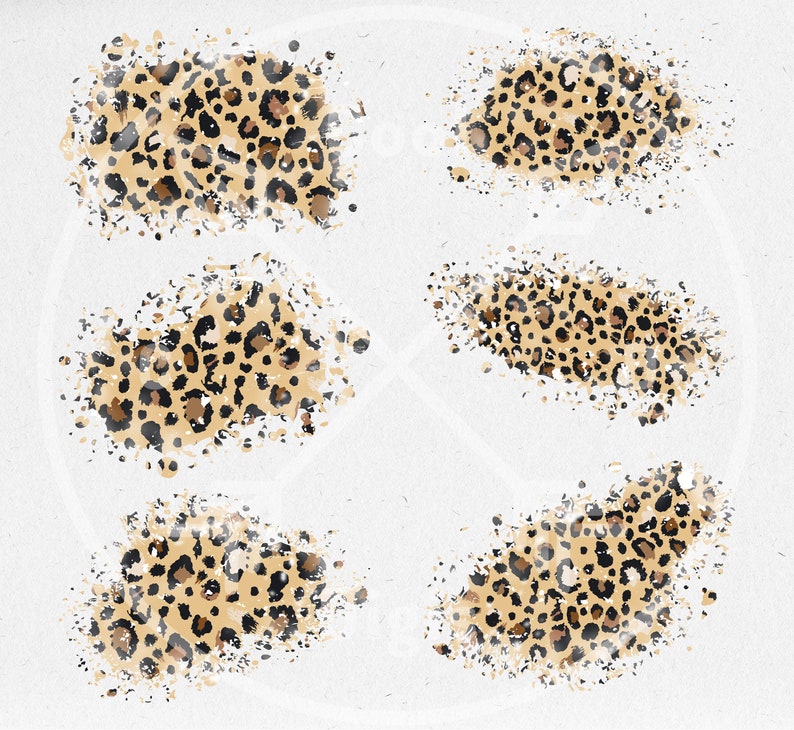 May include: Six abstract watercolor spots in a leopard print pattern. The spots are in shades of brown, tan, and black on a white background.