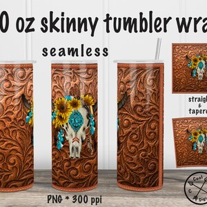 Western Bull Skull Tumbler PNG - Tooled Leather 20oz Skinny Western Tumbler Wrap, Seamless Tooled Leather Tumbler Sublimation Digital Design