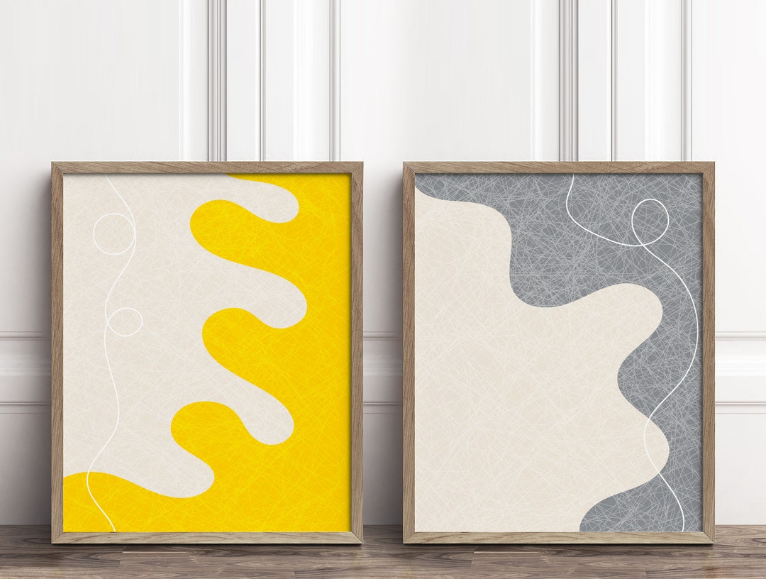 Yellow Gray Wall Art Modern Abstract Line Art Digital Etsy