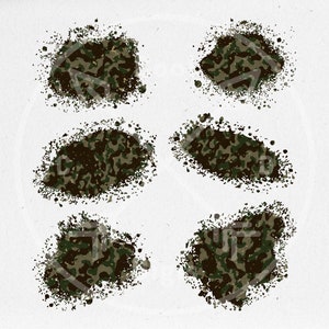 May include: Six abstract splatter patterns in shades of green, brown, and black on a white background. The patterns resemble camouflage.