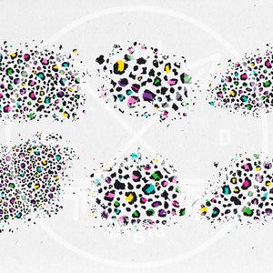 May include: Six abstract digital illustrations of a leopard print pattern in black, white, pink, yellow, blue, and green.