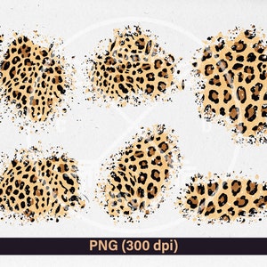 May include: Five digital illustrations of leopard print in a distressed, splattered style. The background is white.