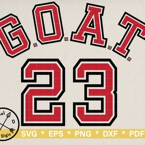 Peut inclure: Conception graphique rouge et noir avec le texte "GOAT" et le numéro "23" dans une police de caractères de style universitaire. Le design est parfait pour un fan de sport ou quelqu'un qui veut montrer son amour pour son équipe préférée.