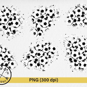 Könnte beinhalten: Schwarz-weiße Fußballgrafiken, angeordnet in Clustern mit Tintenspritzereffekten. Das Bild enthält den Text "PNG (300 dpi)" in einem gelben Banner.