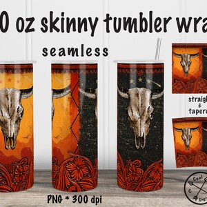 Western Bull Skull Tumbler PNG - Tooled Leather 20oz Skinny Western Tumbler Wrap, Seamless Tooled Leather Tumbler Sublimation Digital Design