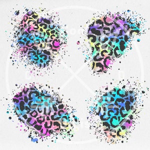 May include: Four abstract watercolor splatter designs featuring a black and white leopard print with rainbow colors. The designs are on a white background.