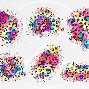 May include: A collection of six colorful leopard print designs. Each design features a vibrant mix of pink, blue, yellow, and green spots on a black background. The designs are abstract and splattered, creating a unique artistic effect.