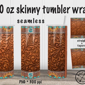Tooled Leather Tumbler PNG 20oz Skinny Western Tumbler Wrap, Seamless Tooled Leather Tumbler Wrap Sublimation Design PNG Digital Download