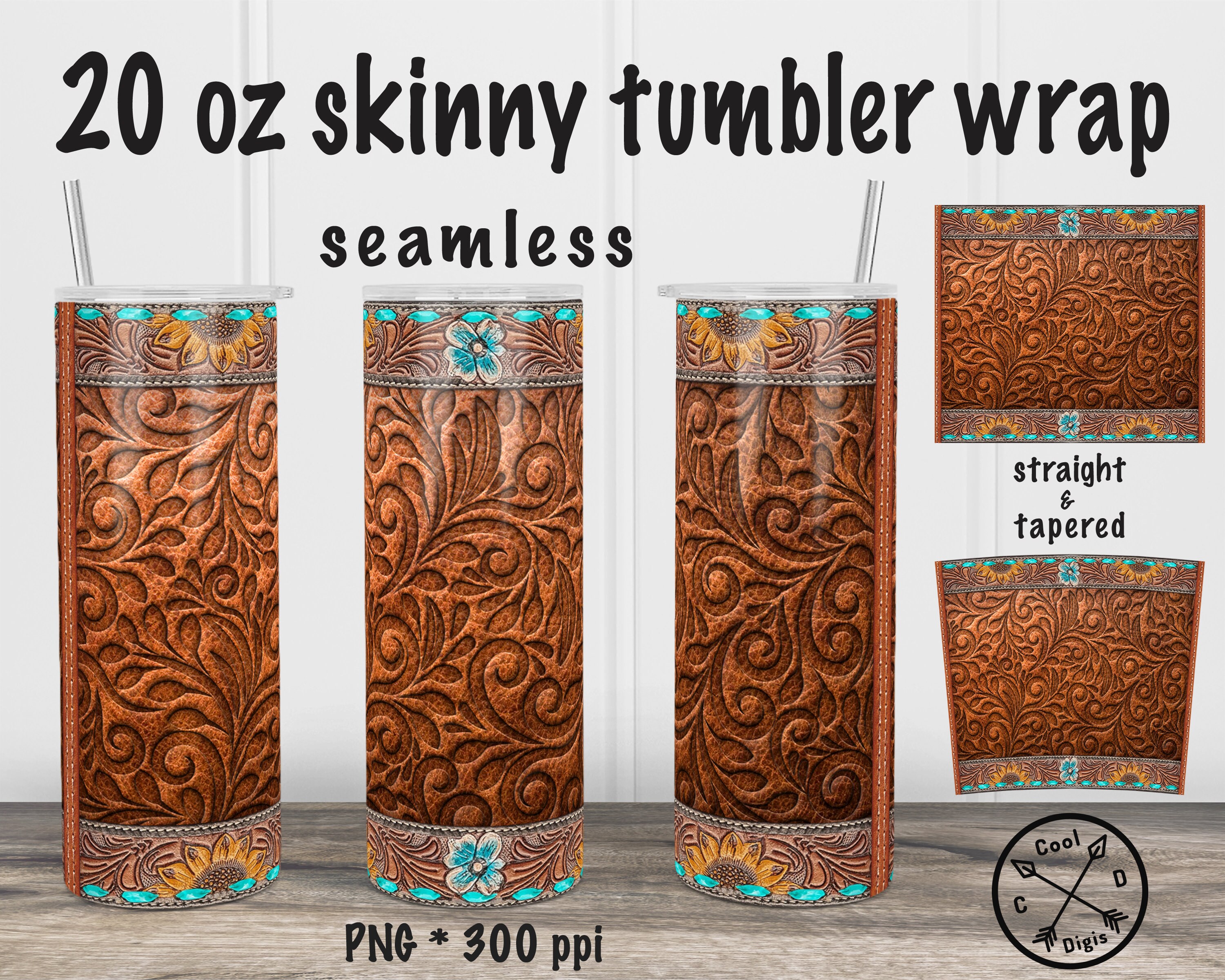 Tooled Leather Tumbler PNG 20oz Skinny Western Tumbler Wrap, Seamless ...
