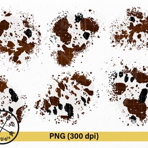 May include: Five abstract brown, black, and white splatter paint designs with a white background. The designs are in the shape of a circle and are reminiscent of cowhide.