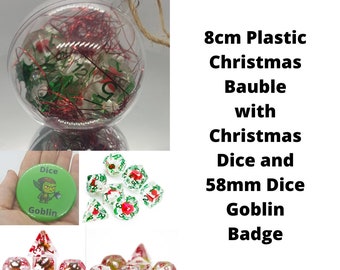 Large 8cm Christmas Bauble with Dice & Badge - Perfect for TTRPG, DnD