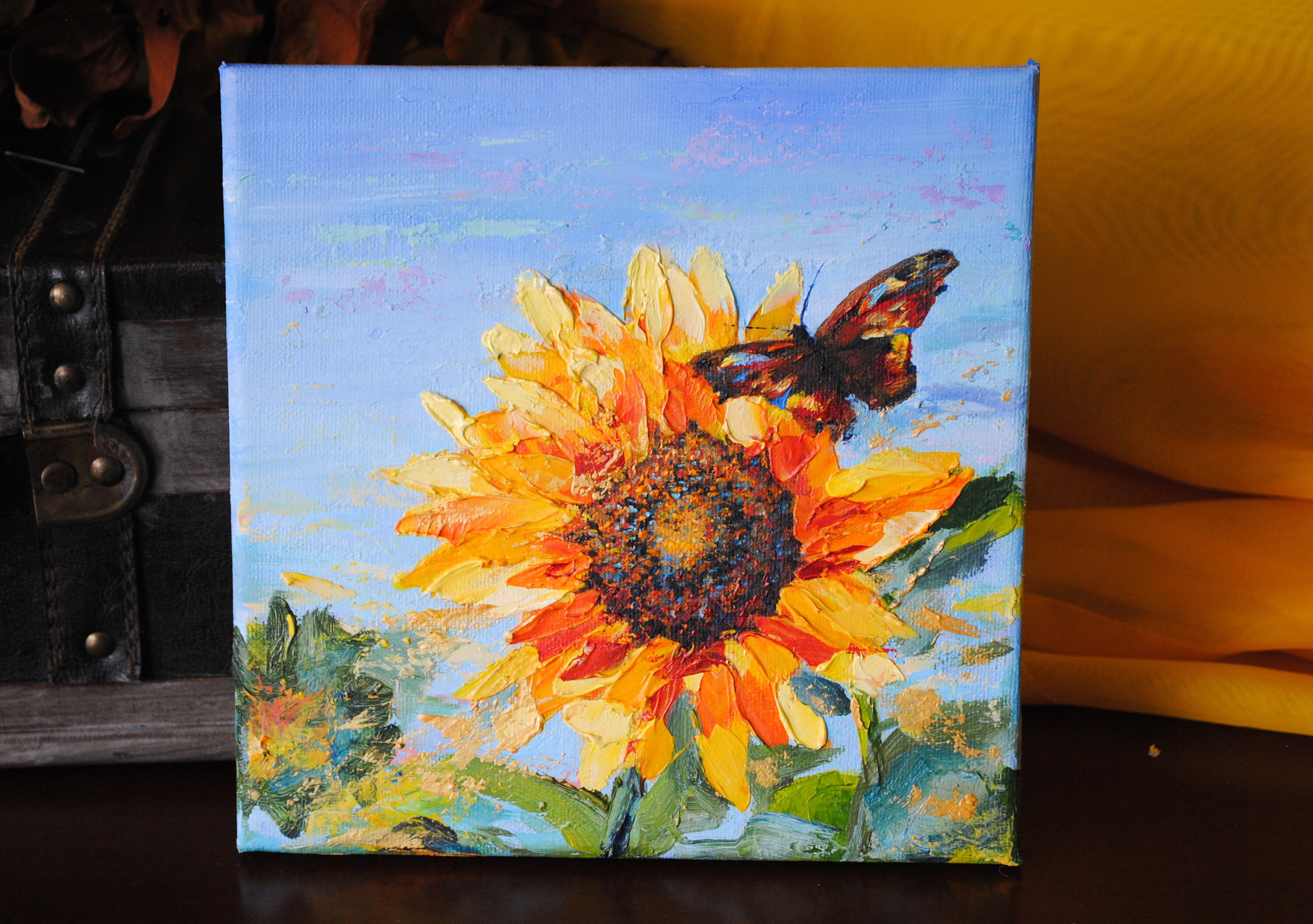 Sunflower and Butterfly Painting Original Art Small Oil Etsy