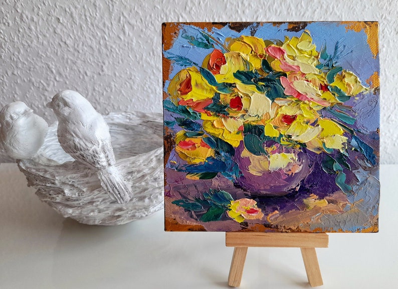 Yellow Rose Painting Flowers Painting With Texture Original Abstract Square Painted Canvas by KrisTinArtKunst