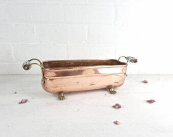 France #G-3647 Vintage Copper Pan Planter Brass Handles Rolled Lip Ceramic Handles Lion Feet Dovetail Seams Paris