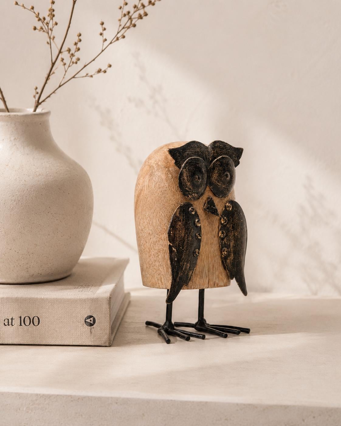 Handcrafted Wooden Owl Figurine | Rustic Black Accents, Boho Shelf Decor