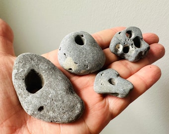 4 Secret Celtic Hag Stones From Irish Sea - Irish Hag Stone, Holey Stone, Adder Stone, Witch Stone, Odin Stone, Pagan