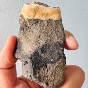 Può includere: Una roccia grigio scuro e marrone con una fascia bianca e arancione in cima.