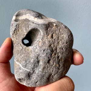 May include: A gray and white stone with a hole through the center. The stone has a rough, textured surface.