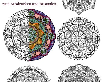 Pode incluir: Quatro desenhos intrincados de mandalas, um com detalhes coloridos e três em preto e branco, para colorir. O título "IO Mandalas zum Ausdrucken und Ausmalen" está no topo.