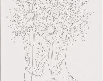 Cowgirl Boots & Flowers Paint Kit for Adults | Pre-Drawn Western Canvas | Cowgirl DIY Art Activity