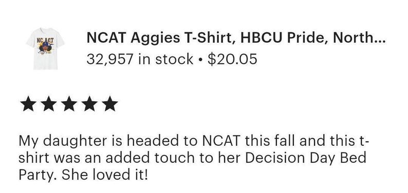 May include: White t-shirt with the text "NCAT Aggies" and a graphic. The image also includes a five-star rating and a customer review about the shirt.