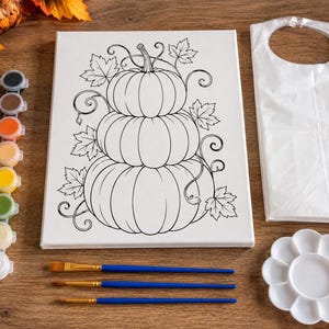May include: A paint-by-numbers kit with a canvas depicting a stacked pumpkin design, paint pots, brushes, a palette, and a plastic bag. The canvas measures approximately 30 cm by 40 cm. The kit is designed for artistic activities.