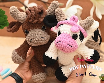 Highland Cow Crochet Pattern: 2 in 1 Amigurumi Plushie, Low Sew (PDF Pattern)