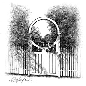 May include: A black and white line drawing of a wooden gate with a circular archway. The gate is surrounded by a picket fence and bushes. The drawing is signed "L. Luckshire".