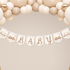 Teddy Bear Themed 'BABY' Flag Banner, We Can Bearly Wait, Baby Shower Celebration Bunting, Unisex, Cream, Brown, Beige