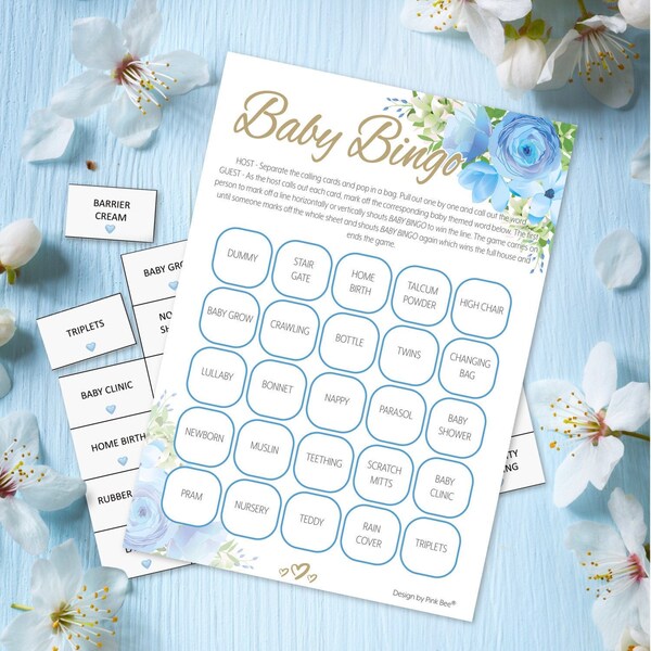 Baby Shower Bingo in Blue Floral Theme 10 - 20 Players