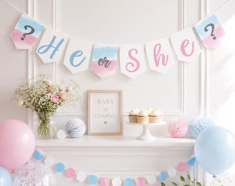 Gender Reveal Banner Decoration, Pink, Blue & White Watercolour Theme for Boy or Girl, He or She? Flag Bunting Style Also Unisex Baby Shower